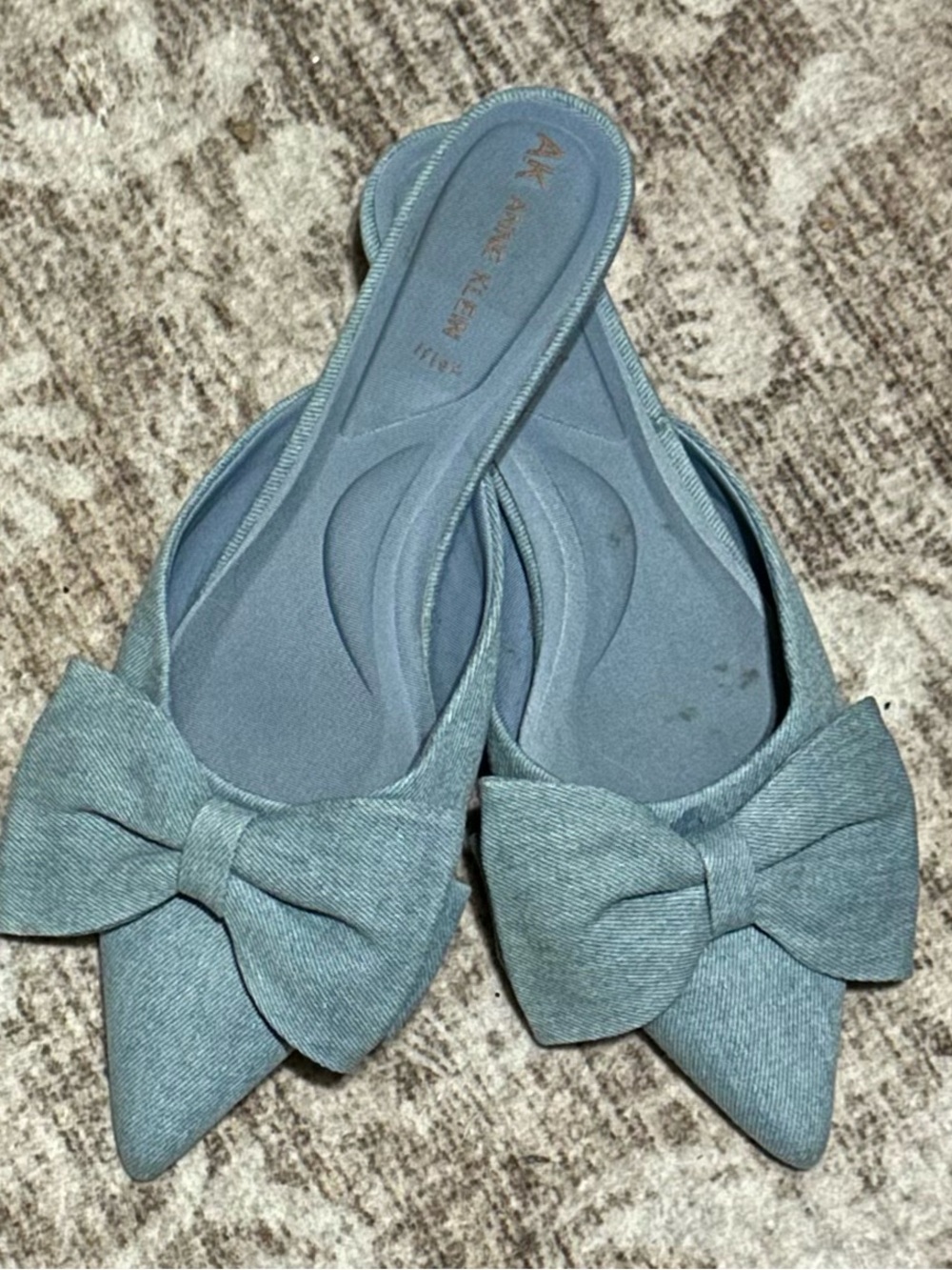 Anne Klein Denim-Style Bow Pointed Toe Mules - Light Blue